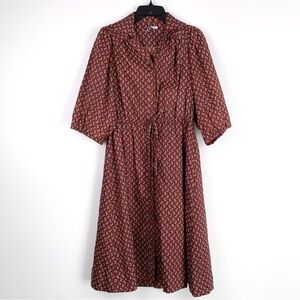 1970s paisley boho dress button-front shirtwaist dress rust/brick red, small